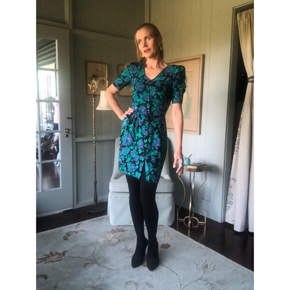 VintagFloral Midi Dress, Puff Sleeve Dress, 80s Dress, like Laura Ashley | Small - Picture 3 of 10